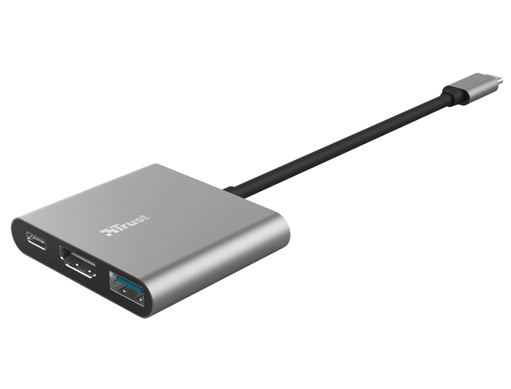 ADAPTADOR TRUST DALYX 3 EN 1 MULTIPUERTO USB-C / USB-A USB-C HDMI 2.0 COLOR ALUMINIO