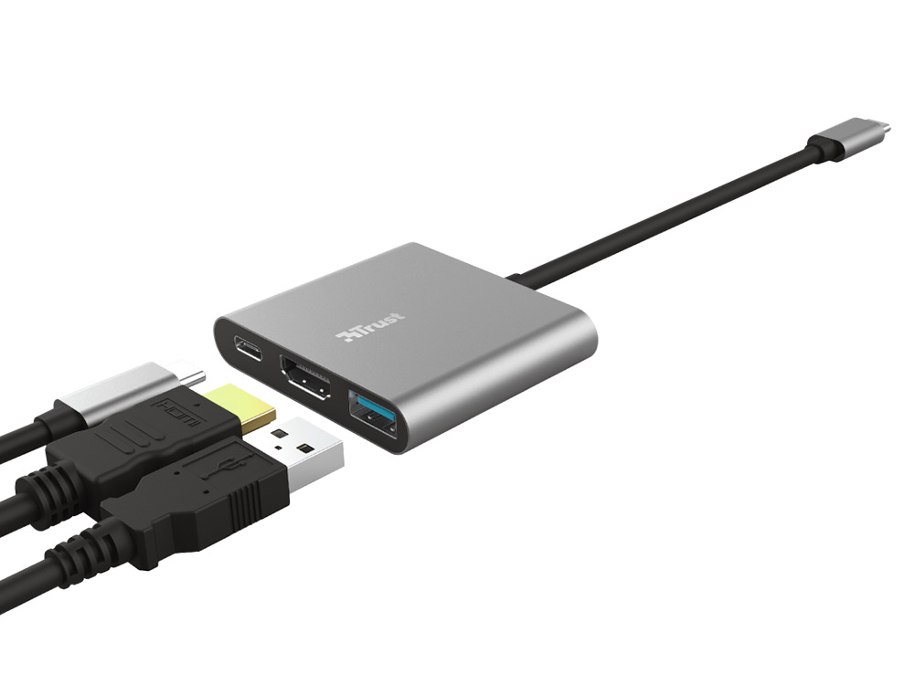 ADAPTADOR TRUST DALYX 3 EN 1 MULTIPUERTO USB-C / USB-A USB-C HDMI 2.0 COLOR ALUMINIO