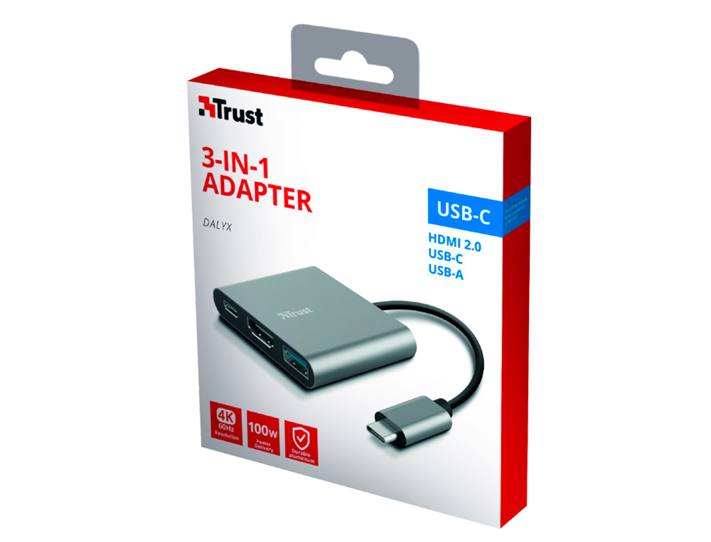 ADAPTADOR TRUST DALYX 3 EN 1 MULTIPUERTO USB-C / USB-A USB-C HDMI 2.0 COLOR ALUMINIO
