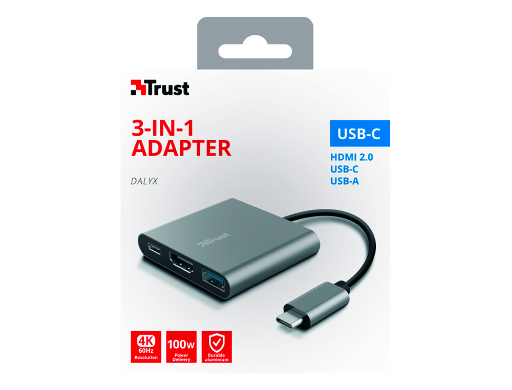 ADAPTADOR TRUST DALYX 3 EN 1 MULTIPUERTO USB-C / USB-A USB-C HDMI 2.0 COLOR ALUMINIO