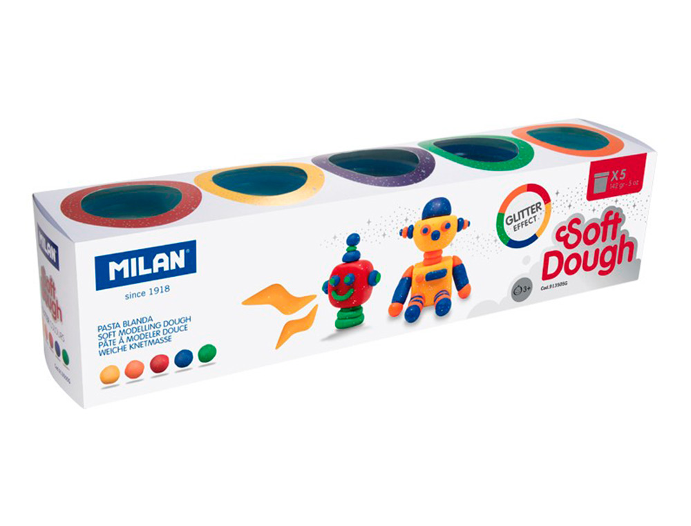 PASTA MILAN PARA MODELAR SOFT DOUGH GLITTER CAJA DE 5 BOTES COLORES SURTIDOS 142 G