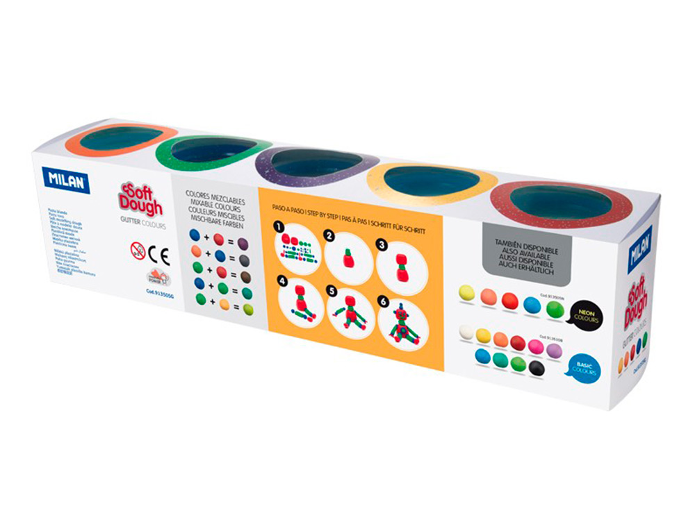 PASTA MILAN PARA MODELAR SOFT DOUGH GLITTER CAJA DE 5 BOTES COLORES SURTIDOS 142 G