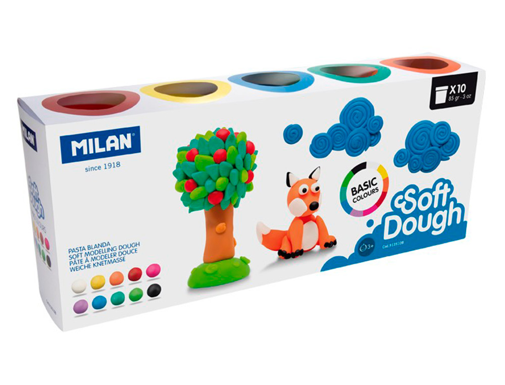 PASTA MILAN PARA MODELAR SOFT DOUGH BASIC 85 G CAJA DE 10 BOTES COLORES SURTIDOS