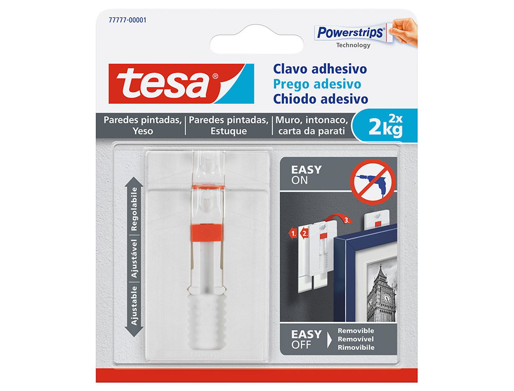 CLAVO AUTOADHESIVO TESA SUJECION HASTA 2 KG USO PAREDES PINTADAS REMOVIBLE BLISTER DE 2 UNIDADES