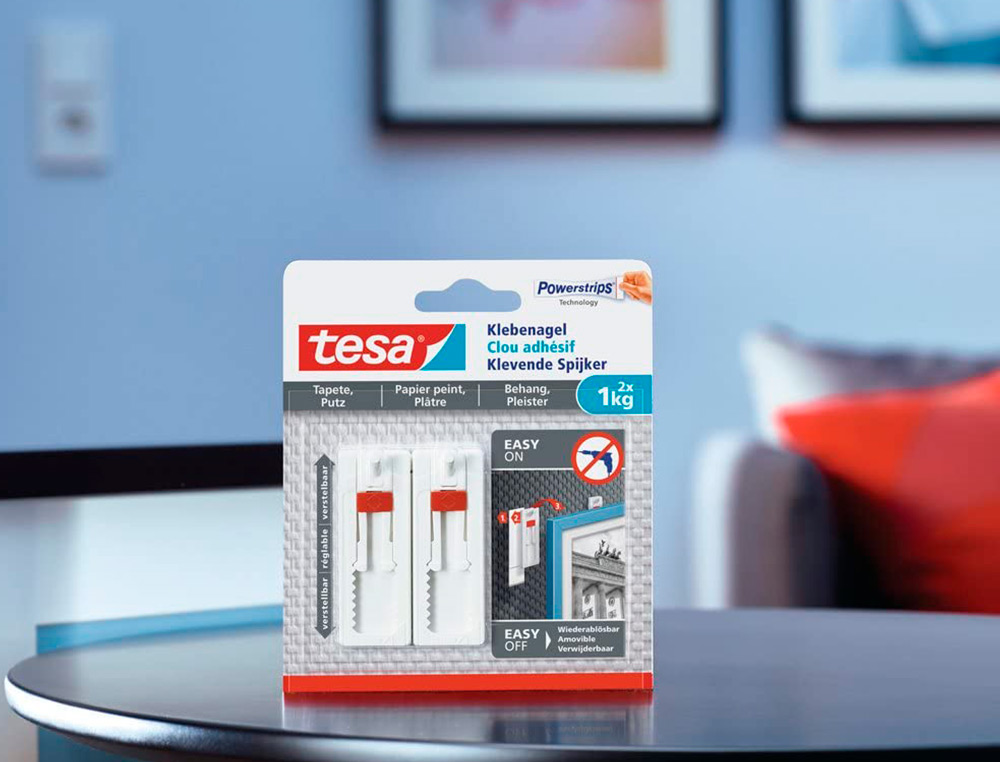 CLAVO AUTOADHESIVO TESA SUJECION HASTA 2 KG USO PAREDES PINTADAS REMOVIBLE BLISTER DE 2 UNIDADES