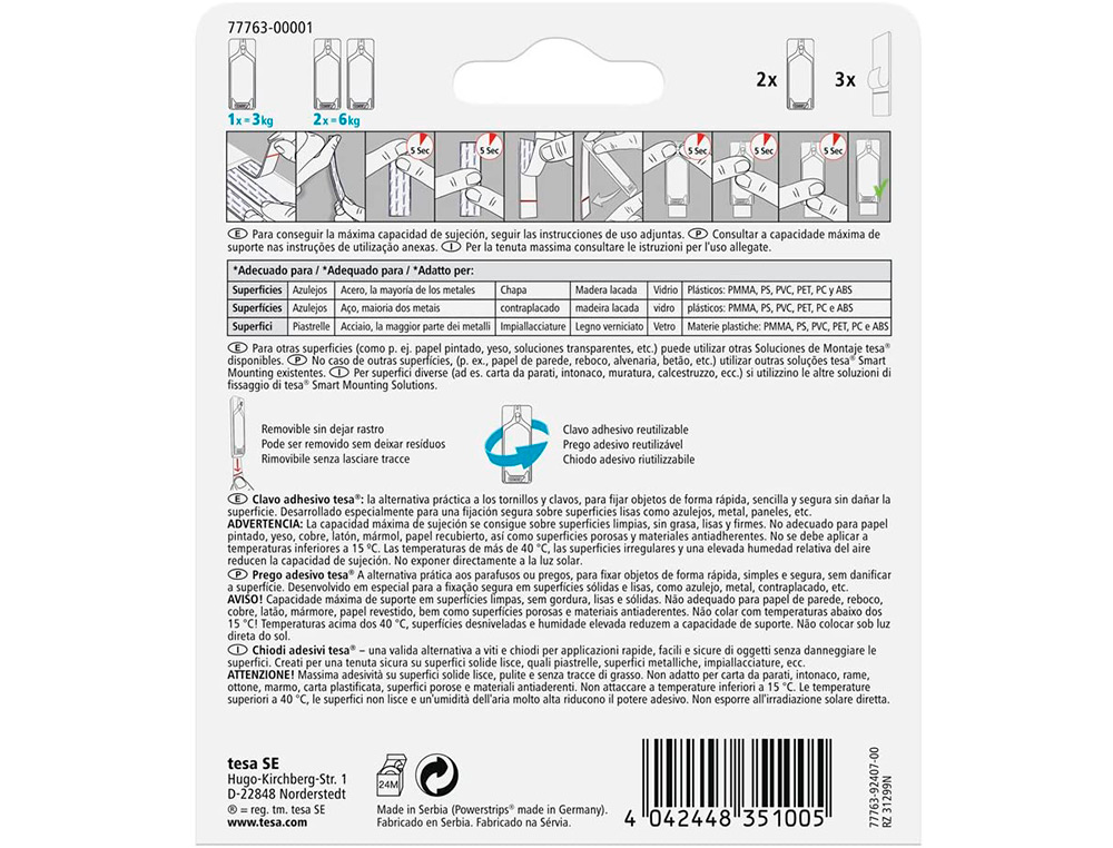 CLAVO AUTOADHESIVO TESA SUJECION HASTA 2 KG USO AZULEJOS REMOVIBLE BLISTER DE 2 UNIDADES