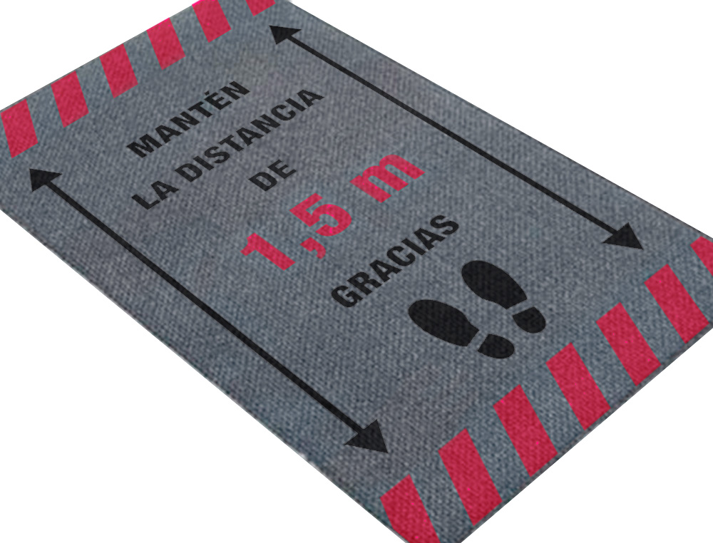 ALFOMBRA PARA SUELO DE PASO NOVUS MANTEN LA DISTANCIA DE 1,5 M GRACIAS FONDO GRIS 85X150 CM