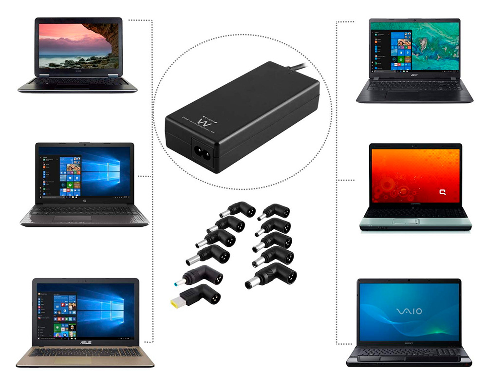 CARGADOR EWENT AUTOMATICO PEQUEÑO DE NOTEBOOK DE 90 W 11 TIPS