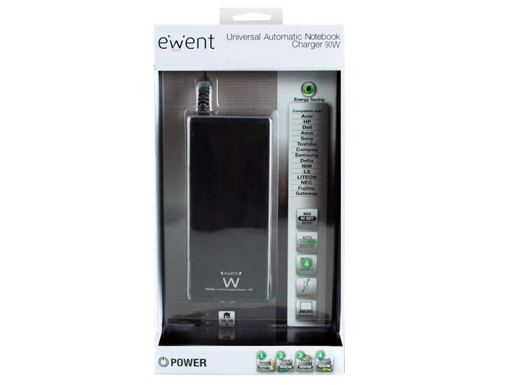 CARGADOR EWENT AUTOMATICO PEQUEÑO DE NOTEBOOK DE 90 W 11 TIPS