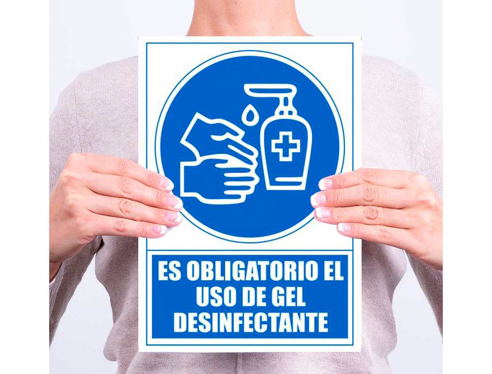 PICTOGRAMA ARCHIVO 2000 OBLIGATORIO EL USO DE GEL DESINFECTANTE PVC COLOR AZUL 210X297 MM