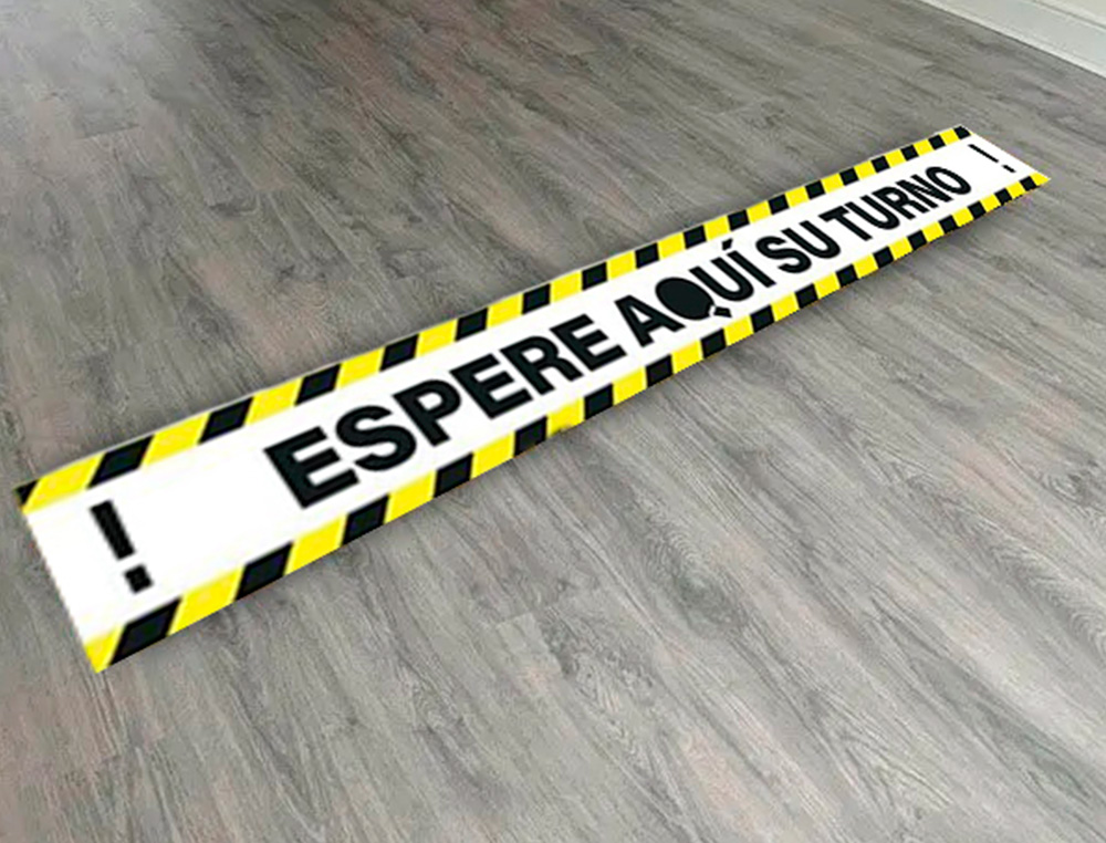 PICTOGRAMA ARCHIVO 2000 ESPERE SU TURNO MANTEGA LA DISTANCIA DE SEGURIDAD VINILO ADHESIVO AMARILLO 100X700 MM