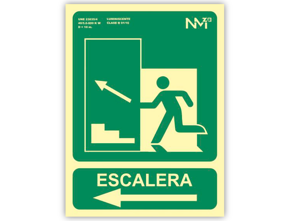 PICTOGRAMA ARCHIVO 2000 SALIDA EMERGENCIA ESCALERA SUBE IZQUIERDA PVC VERDE LUMINISCENTE 224X300 MM