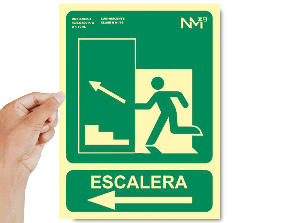 PICTOGRAMA ARCHIVO 2000 SALIDA EMERGENCIA ESCALERA SUBE IZQUIERDA PVC VERDE LUMINISCENTE 224X300 MM