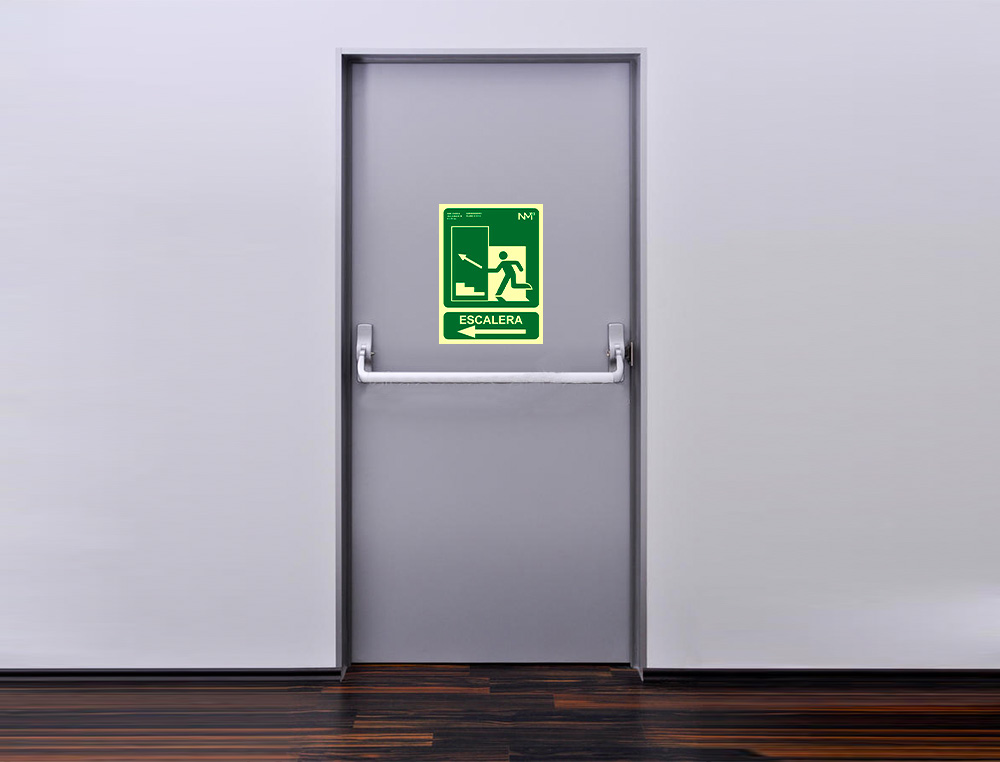 PICTOGRAMA ARCHIVO 2000 SALIDA EMERGENCIA ESCALERA SUBE IZQUIERDA PVC VERDE LUMINISCENTE 224X300 MM