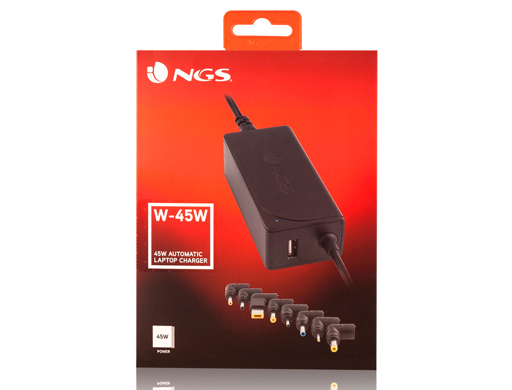 ADAPTADOR DE CORRIENTE NGS AUTOMATIC 45W CON 8 ADAPTADORES Y SALIDA USB 2A