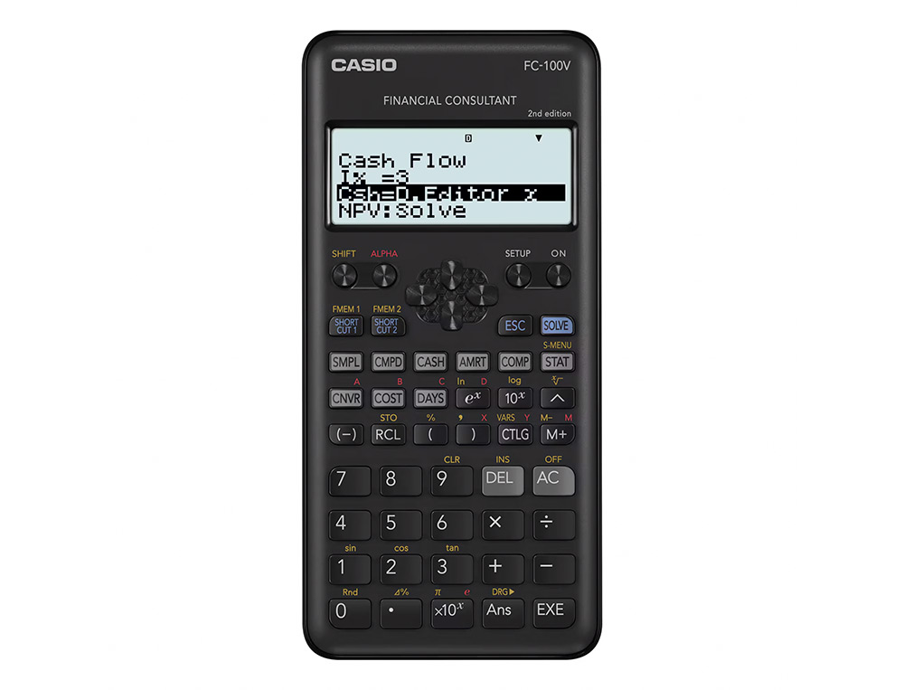 CALCULADORA CASIO FC-100V FINANCIERA 4 LINEAS 10+2 DIGITOS ALMACENAMIENTO FLASH CALCULO DE GANANCIAS CON TAPA