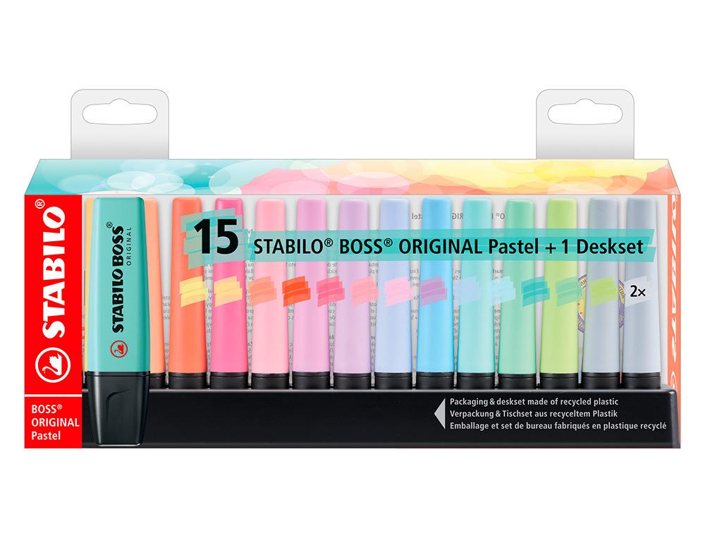 ROTULADOR STABILO BOSS FLUORESCENTE 70 PASTEL DESKSET ESTUCHE DE 15 UNIDADES COLORES SURTIDOS