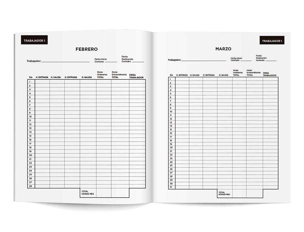 LIBRO LIDERPAPEL REGISTRO DE JORNADA EMPLEADOS A4 10 EMPLEADOS MES PAGINA PAPEL BLANCO 90 G