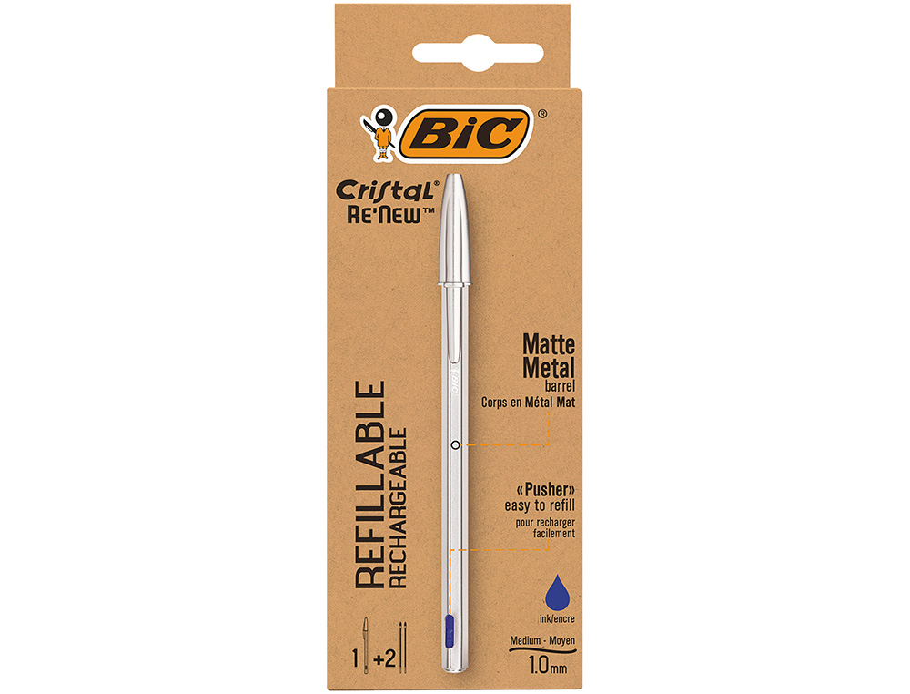 BOLIGRAFO BIC CRISTAL RENEW CUERPO EN ALUMINIO MATE TINTA AZUL + 2 RECAMBIOS EN CAJA DE CARTON
