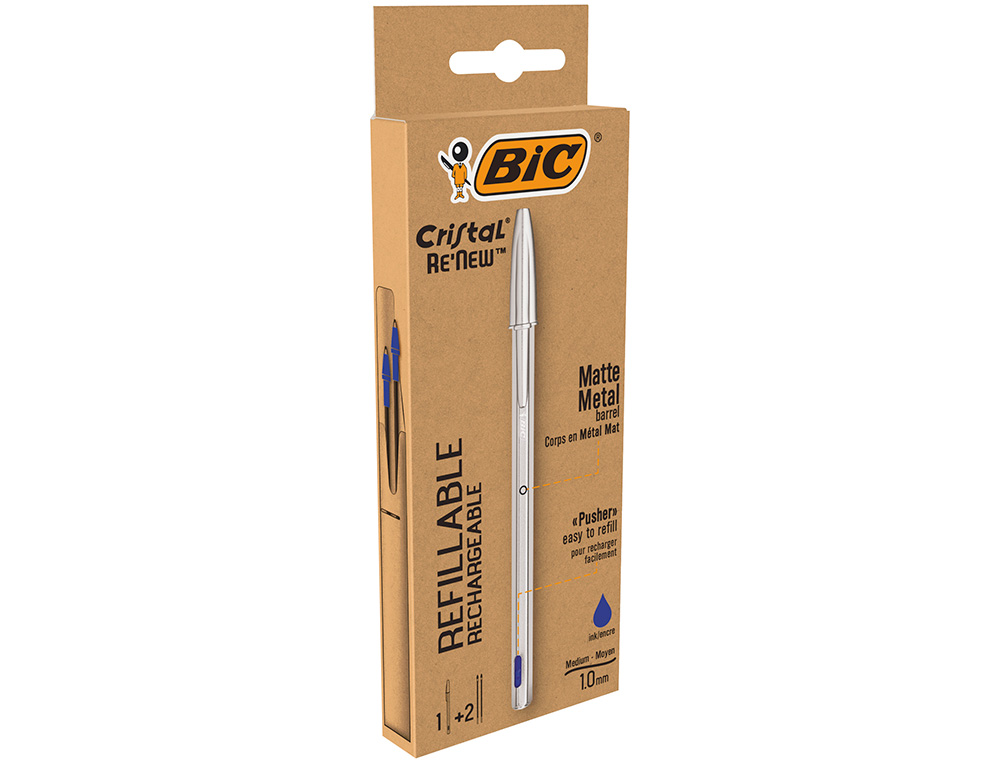 BOLIGRAFO BIC CRISTAL RENEW CUERPO EN ALUMINIO MATE TINTA AZUL + 2 RECAMBIOS EN CAJA DE CARTON