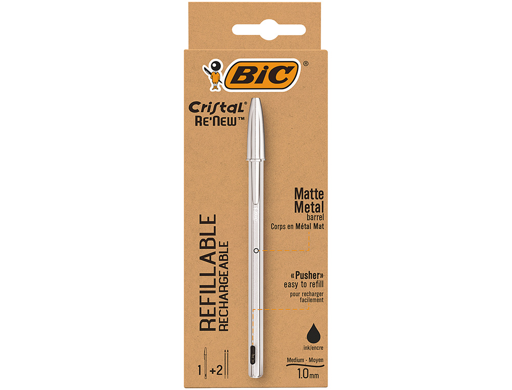 BOLIGRAFO BIC CRISTAL RENEW CUERPO EN ALUMINIO MATE TINTA NEGRO + 2 RECAMBIOS EN CAJA DE CARTON
