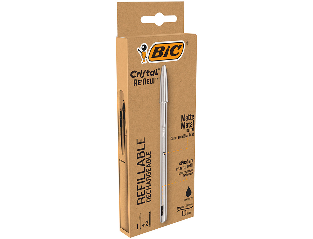 BOLIGRAFO BIC CRISTAL RENEW CUERPO EN ALUMINIO MATE TINTA NEGRO + 2 RECAMBIOS EN CAJA DE CARTON