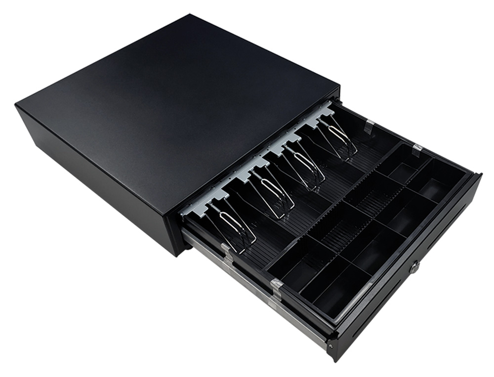 CAJON PORTAMONEDAS 8 MONEDEROS 5 BILLETEROS CON LLAVE MANUALNEGRO 410X415X110 MM
