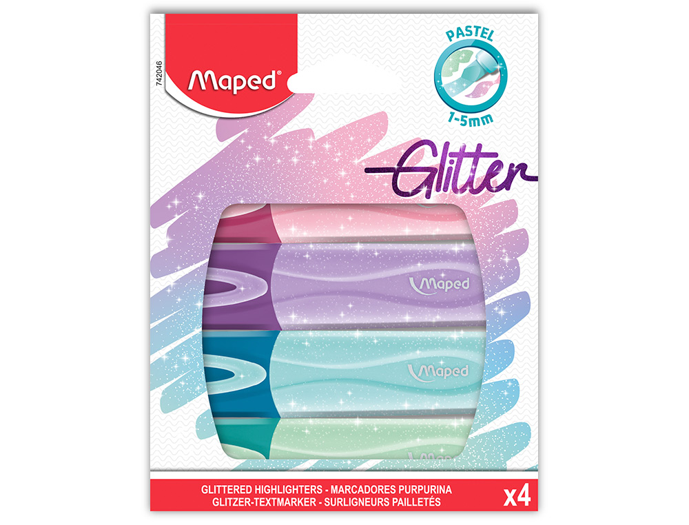 ROTULADOR MAPED FLUORESCENTE PEPS PASTEL CON GLITTER ESTUCHE DE 4 UNIDADES COLORES SURTIDOS