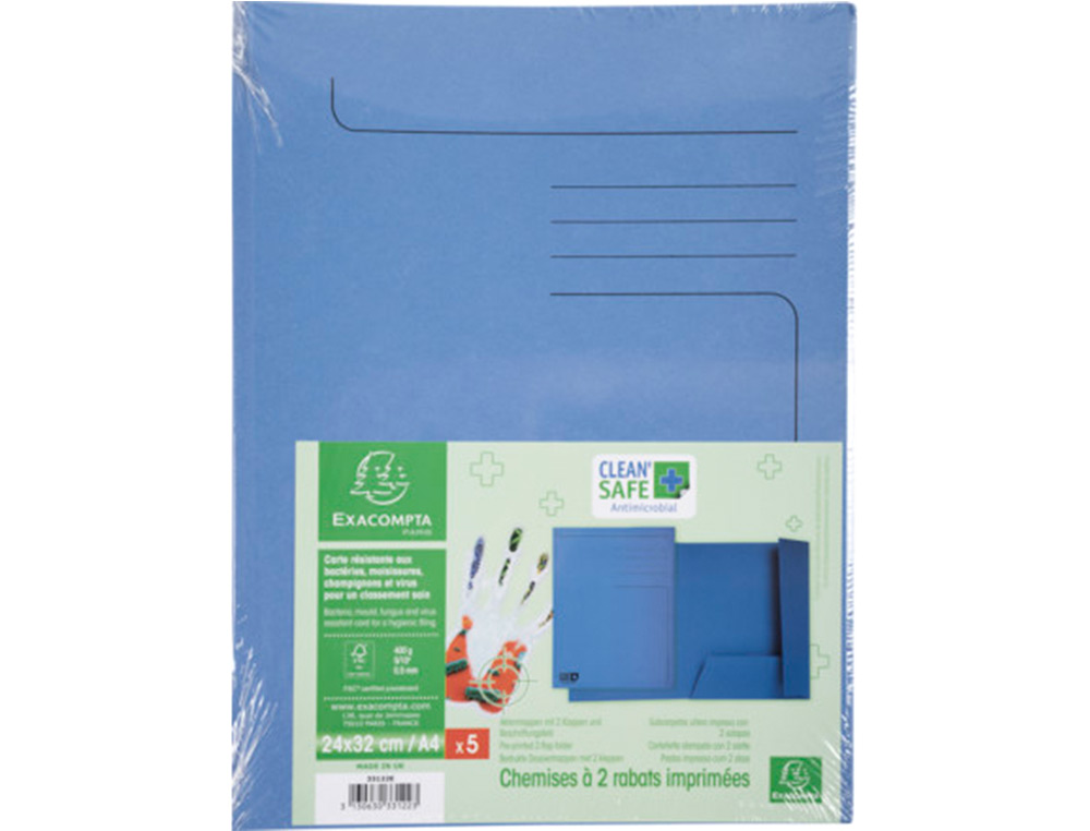 SUBCARPETA CARTULINA EXACOMPTA CLEAN SAFE DIN A4 CON 2 SOLAPAS AZUL 400 GR PAQUETE DE 5 UNIDADES