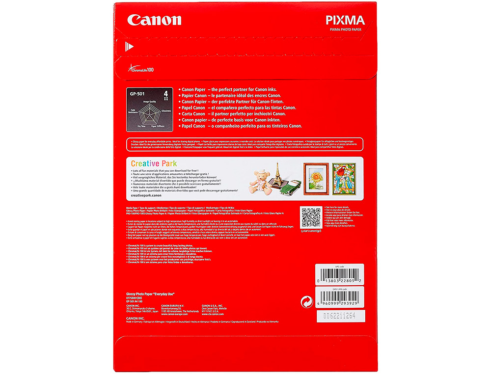 PAPEL FOTOGRAFICO CANON PIXMA BRILLO DIN A4 200G/M2 INK-JET PAQUETE DE 100 HOJAS
