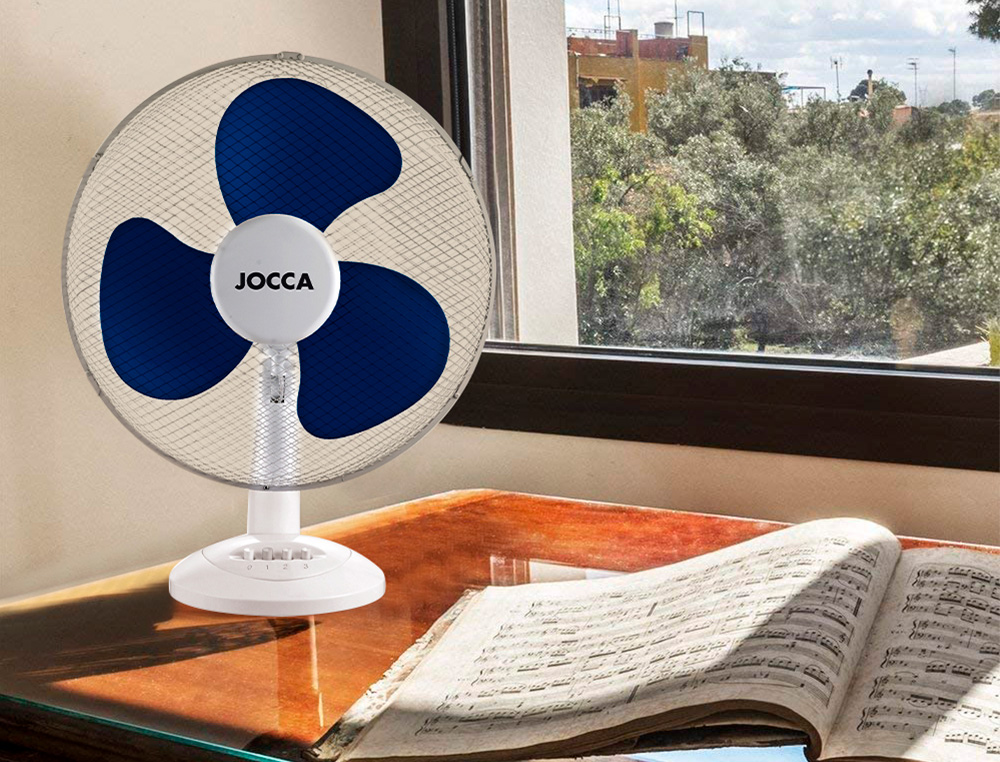 VENTILADOR DE SOBREMESA JOCCA 3 VELOCIDADES 40 W SISTEMA OSCILACION Y CABEZAL BASCULANTE DIAMETRO 300 MM