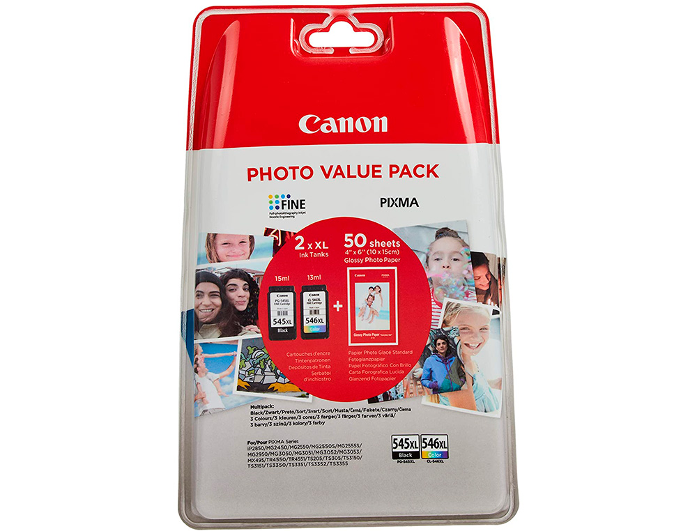 INK-JET CANON PHOTO VALUE PIXMA MG2450/2550 MULTIPACK NEGRO/COLOR PG545XL+ CL546XL +50 HOJAS PAPEL FOTO 10X15 CM
