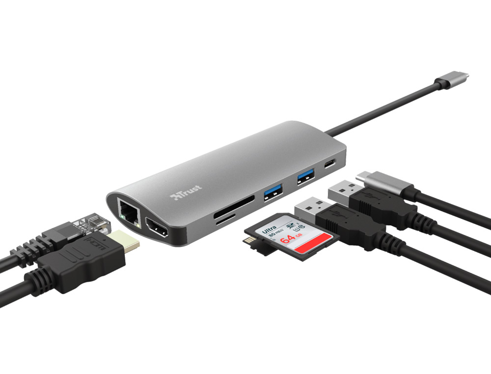 ADAPTADOR TRUST DALYX 7 EN 1 MULTIPUERTO USB-C / HDMI / 2X USB-A / NETWORK / MICRO / MICRO SD / ETHERNET
