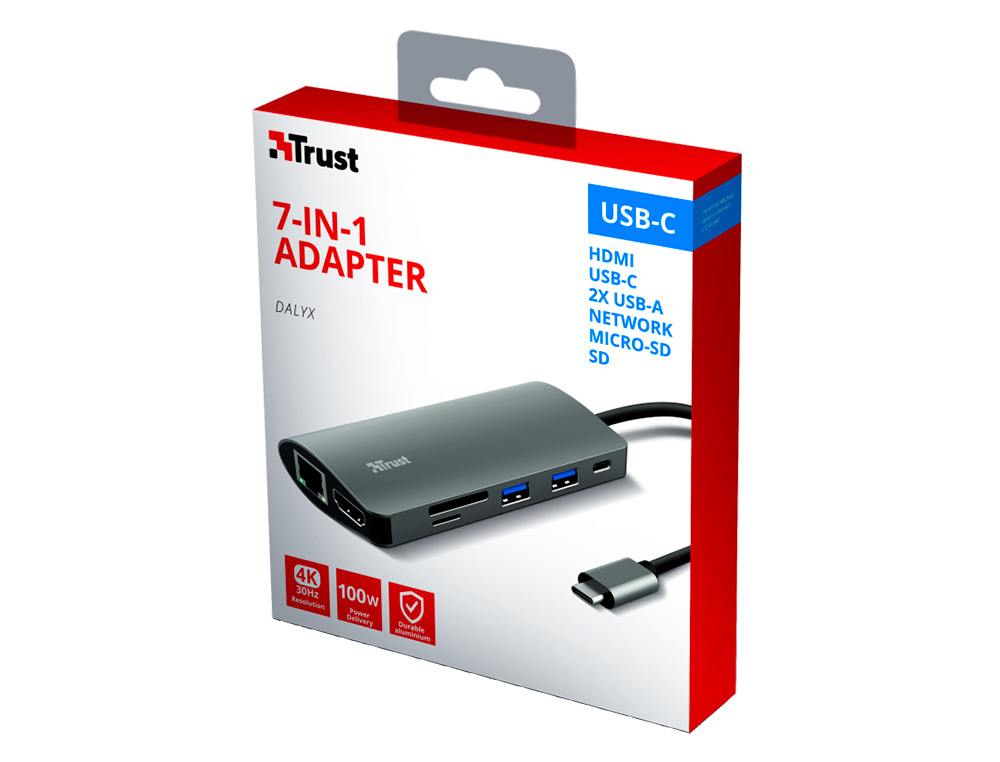 ADAPTADOR TRUST DALYX 7 EN 1 MULTIPUERTO USB-C / HDMI / 2X USB-A / NETWORK / MICRO / MICRO SD / ETHERNET