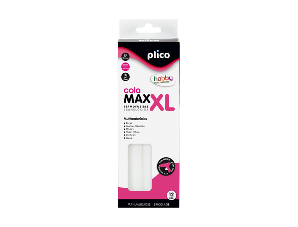 BARRA TERMOFUSIBLE PLICO COLA MAX XL BAJA TEMPERATURA 11,5 MM DE DIAMETRO X 200 MM DE ALTO BLISTER DE 12 UNIDADES
