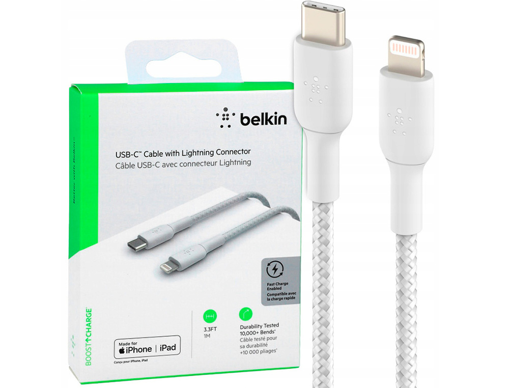 CABLE TRENZADO BELKIN CAA004BT1MWH USB-C A LIGHTNING BOOST CHARGE LARGO 1 M COLOR BLANCO