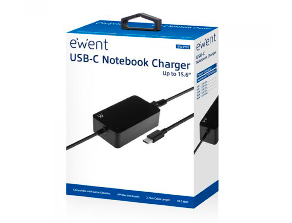 CARGADOR EWENT PARA PORTATIL USB TYPE-C 100-240V 45W