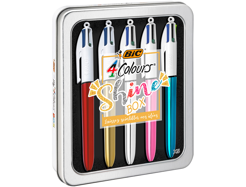 BOLIGRAFO BIC CUATRO COLORES SHINE BOX CAJA METALICA 5 UNIDADES SURTIDAS