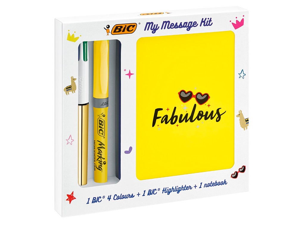 SET ESCRITURA BIC 1 CUATRO COLORES SHINE + 1 FLUORESCENTE GRIP PASTEL + 1 NOTEBOOK