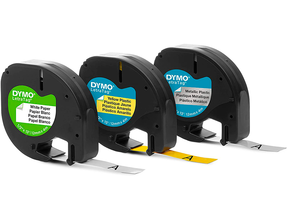 CINTA DYMO METALIZADA LETRATAG 12MM X 4MT PAPEL BLANCO / PLASTICO AMARILLO / METALICA PLATA PACK DE 3