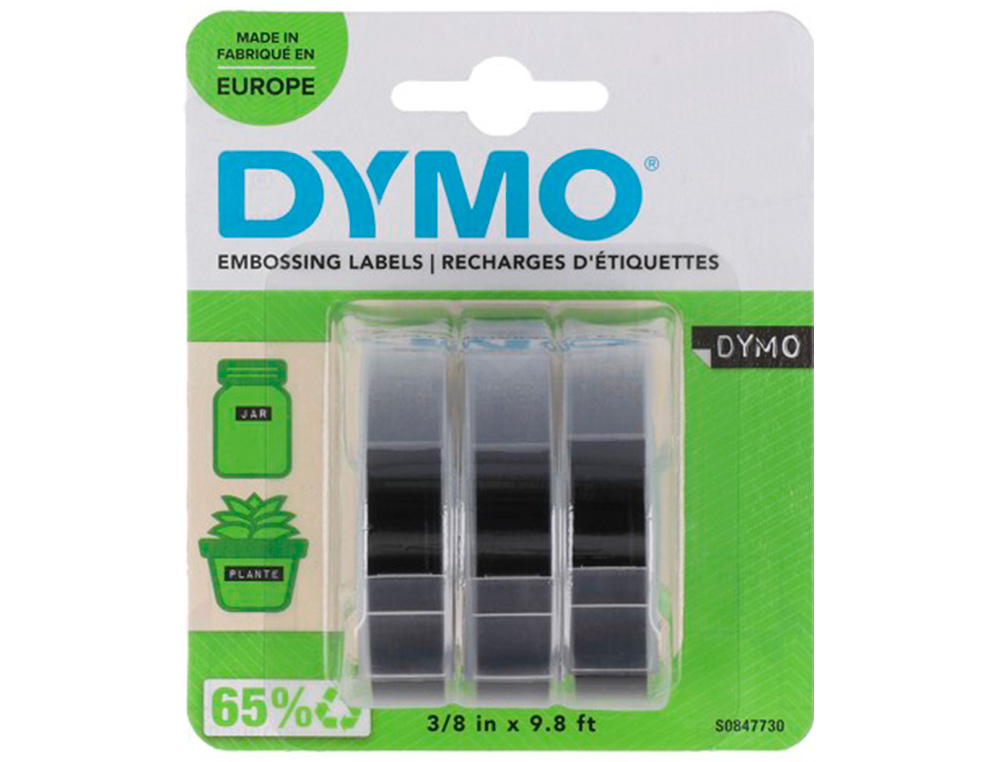 CINTA DYMO 3D 9MM X 3MT PARA ROTULADORA OMEGA/JUNIOR COLOR NEGRO BLISTER 3 UNIDADES