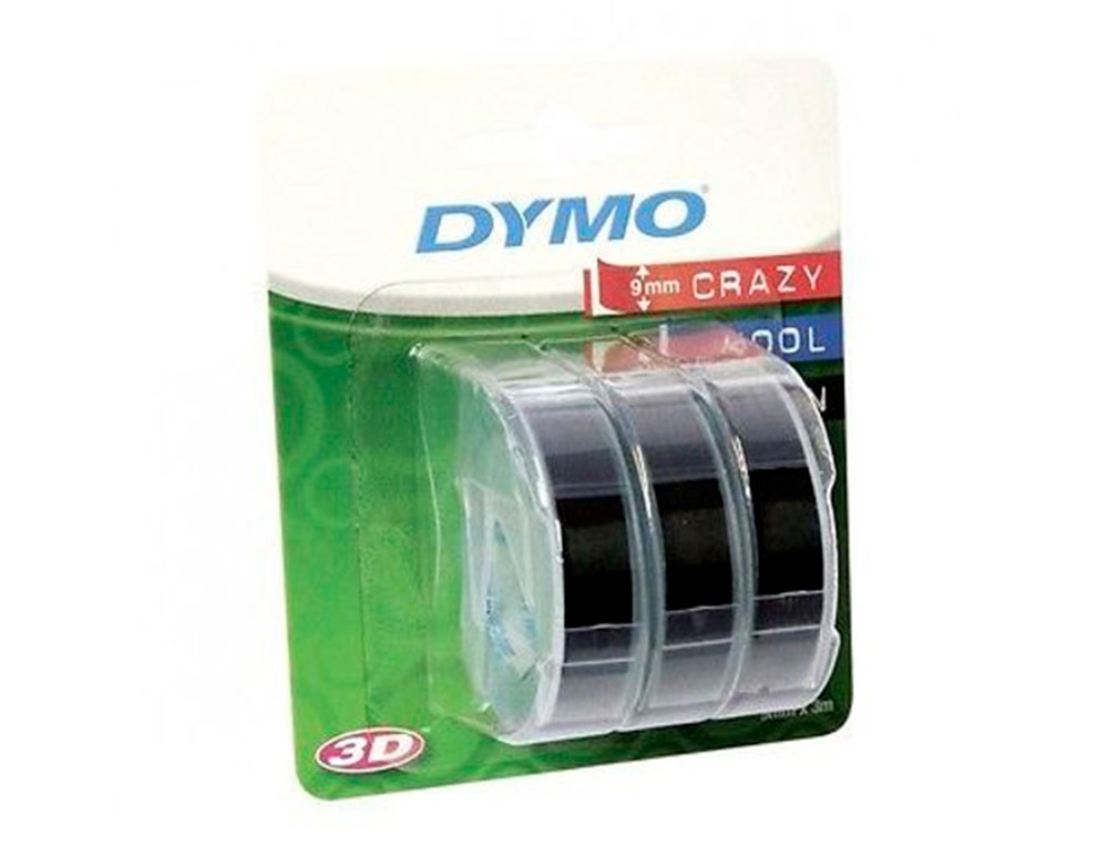 CINTA DYMO 3D 9MM X 3MT PARA ROTULADORA OMEGA/JUNIOR COLOR NEGRO BLISTER 3 UNIDADES