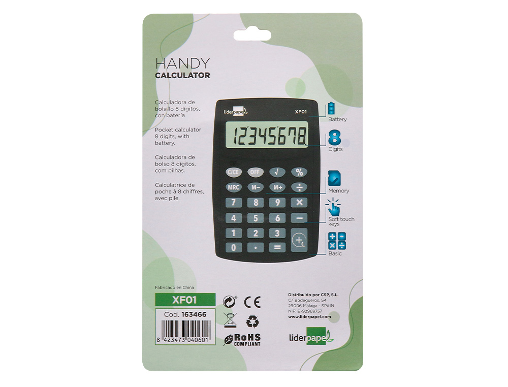 CALCULADORA LIDERPAPEL BOLSILLO XF01 8 DIGITOS PILAS COLOR NEGRO 99X64X9 MM
