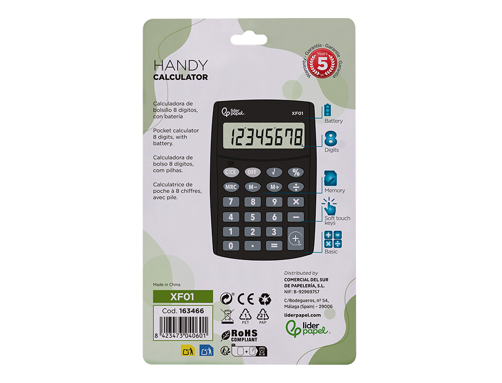 CALCULADORA LIDERPAPEL BOLSILLO XF01 8 DIGITOS PILAS COLOR NEGRO 99X64X9 MM