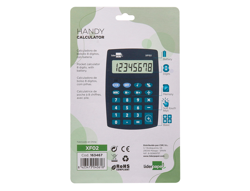 CALCULADORA LIDERPAPEL BOLSILLO XF02 8 DIGITOS PILAS COLOR AZUL 99X64X9 MM