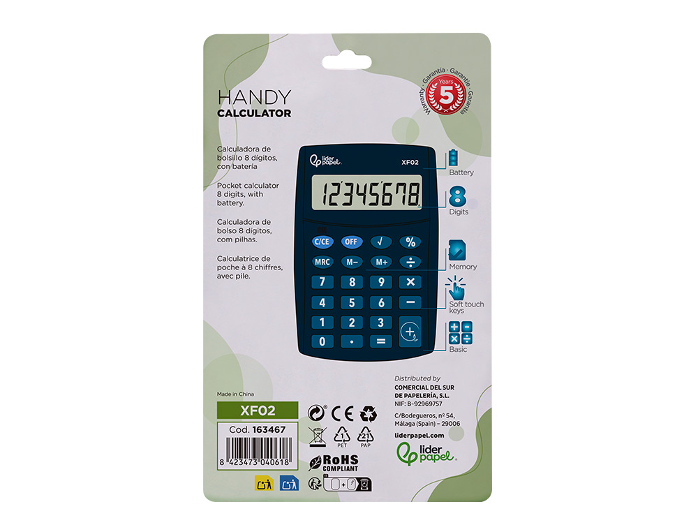CALCULADORA LIDERPAPEL BOLSILLO XF02 8 DIGITOS PILAS COLOR AZUL 99X64X9 MM
