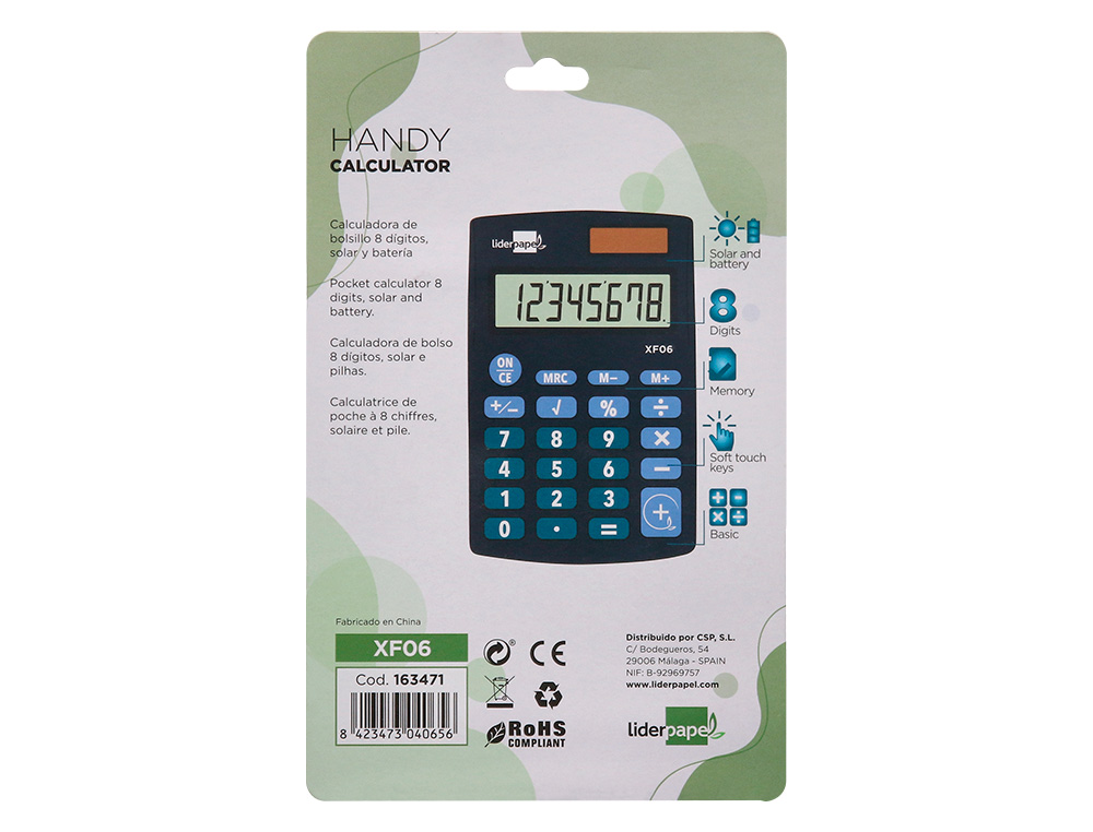 CALCULADORA LIDERPAPEL BOLSILLO XF06 8 DIGITOS SOLAR Y PILAS COLOR AZUL 98X62X8 MM