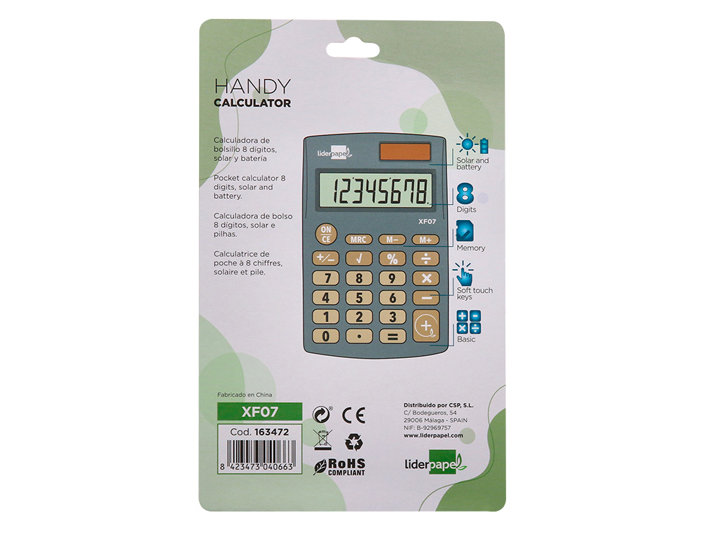CALCULADORA LIDERPAPEL BOLSILLO XF07 8 DIGITOS SOLAR Y PILAS COLOR GRIS 98X62X8 MM
