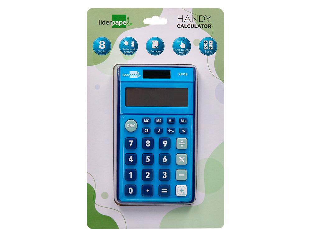 CALCULADORA LIDERPAPEL BOLSILLO XF09 8 DIGITOS SOLAR Y PILAS COLOR AZUL 115X65X8 MM