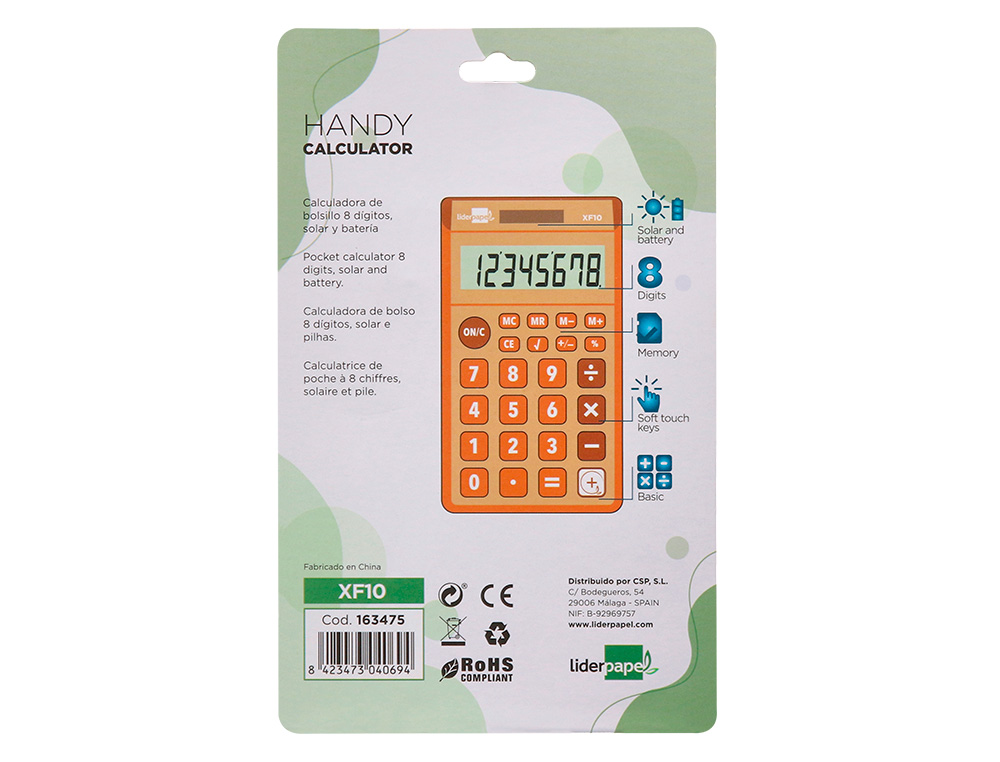 CALCULADORA LIDERPAPEL BOLSILLO XF10 8 DIGITOS SOLAR Y PILAS COLOR NARANJA 115X65X8 MM
